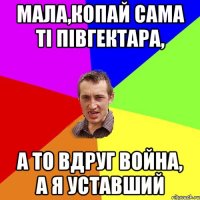 МАЛА,КОПАЙ САМА ТІ ПІВГЕКТАРА, А ТО ВДРУГ ВОЙНА, А Я УСТАВШИЙ