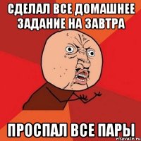 СДЕЛАЛ ВСЕ ДОМАШНЕЕ ЗАДАНИЕ НА ЗАВТРА ПРОСПАЛ ВСЕ ПАРЫ