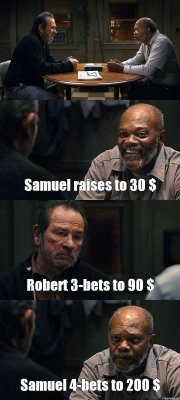  Samuel raises to 30 $ Robert 3-bets to 90 $ Samuel 4-bets to 200 $