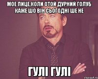 мое лице,коли отой дурний голуб каже шо він сьогодні ше не гулі гулі