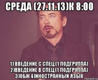 среда (27.11.13)к 8:00 1) введение с спец.(1 подгруппа) 2)введение в спец.(1 подгруппа) 3)ОБЖ 4)иностранный язык