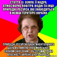 Стаття 13. Земля, її надра, атмосферне повітря, водні та інші природні ресурси, які знаходяться в межах території України, природні ресурси її континентального шельфу, виключної (морської) економічної зони є об'єктами права власності Українського народу.