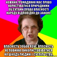 Кожний громадянин має право користуватися природними об'єктами права власності народу відповідно до закону. Власність зобов'язує. Власність не повинна використовуватися на шкоду людині і суспільству.