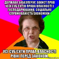 Держава забезпечує захист прав усіх суб'єктів права власності і господарювання, соціальну спрямованість економіки. Усі суб'єкти права власності рівні перед законом.