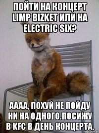 Пойти на концерт Limp Bizket или на Electric Six? Аааа, похуй не пойду ни на одного.Посижу в KFC в день концерта.