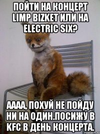 Пойти на концерт Limp Bizket или на Electric Six? Аааа, похуй не пойду ни на один.Посижу в KFC в день концерта.