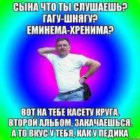 Сына что ты слушаешь? Гагу-шнягу? Еминема-хренима? Вот на тебе касету Круга. Второй альбом, закачаешься. А то вкус у тебя, как у педика