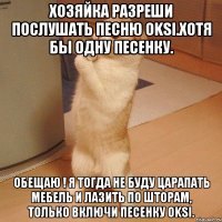 Хозяйка разреши послушать песню Oksi.Хотя бы одну песенку. Обещаю ! Я тогда не буду царапать мебель и лазить по шторам, только включи песенку Oksi.