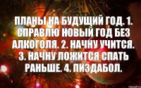 Планы на будущий год. 1. Справлю новый год без алкоголя. 2. Начну учится. 3. Начну ложится спать раньше. 4. Пиздабол.