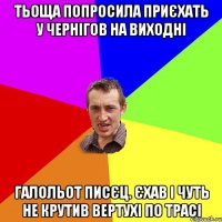 тьоща попросила приєхать у чернігов на виходні галольот писєц. єхав і чуть не крутив вертухі по трасі