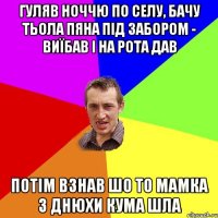 гуляв ноччю по селу, бачу тьола пяна під забором - виїбав і на рота дав потім взнав шо то мамка з днюхи кума шла