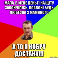 Мала, в мене деньгі на щіту закончілісь, позвоні будь любезна з маминого а то я кобру достану!!!