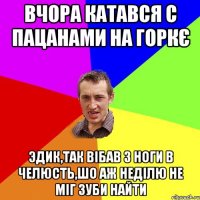 Вчора катався с пацанами на горкє Эдик,так вібав з ноги в челюсть,шо аж неділю не міг зуби найти