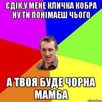 Єдік,у мене кличка Кобра ну ти понімаеш чього А твоя буде чорна мамба