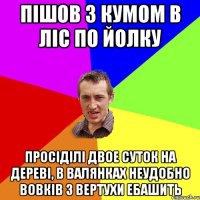 пішов з кумом в ліс по йолку просіділі двое суток на дереві, в валянках неудобно вовків з вертухи ебашить