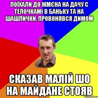 поїхали до Жмєна на дачу с телочкамі в баньку та на шашлички, провонявся димом сказав малій шо на майдане стояв