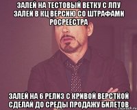 Залей на тестовый ветку с ЛПУ Залей в КЦ версию со штрафами росреестра Залей на 6 релиз с кривой версткой Сделай до среды продажу билетов