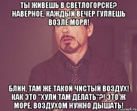 Ты живешь в Светлогорске? Наверное, каждый вечер гуляешь возле моря! Блин, там же такой чистый воздух! Как это "хули там делать"?! Это ж море, воздухом нужно дышать!