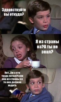 Здравствуйте вы откуда? Я из страны оз?А ты не знал? Нет...Хм а кто тогда летал?Если она из страны оз то она должна ходить