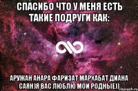 Спасибо что у меня есть такие подруги как: Аружан Анара Фаризат Мархабат Диана Саян)я вас люблю мои родные))