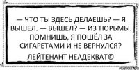 — Что ты здесь делаешь? — Я вышел. — Вышел? — Из тюрьмы. Помнишь, я пошёл за сигаретами и не вернулся? Лейтенант Неадекват©