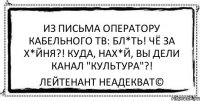 Из письма оператору кабельного ТВ: Бл*ть! Чё за х*йня?! Куда, нах*й, вы дели канал "Культура"?! Лейтенант Неадекват©