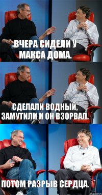 Вчера сидели у макса дома. Сделали водный, замутили и он взорвал. Потом разрыв сердца.