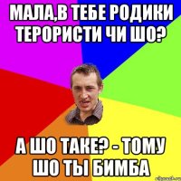 Мала,в тебе родики терористи чи шо? А шо таке? - тому шо ты бимба