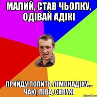 Малий, став чьолку, одівай адікі прийду попить лімонадіку... чаю, піва, сивухі