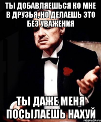 ТЫ ДОБАВЛЯЕШЬСЯ КО МНЕ В ДРУЗЬЯ, НО ДЕЛАЕШЬ ЭТО БЕЗ УВАЖЕНИЯ ТЫ ДАЖЕ МЕНЯ ПОСЫЛАЕШЬ НАХУЙ