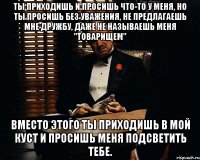 ты приходишь и просишь что-то у меня, но ты просишь без уважения, не предлагаешь мне дружбу, даже не называешь меня "Товарищем" вместо этого ты приходишь в мой куст и просишь меня подсветить тебе.