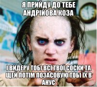 Я ПРИЙДУ ДО ТЕБЕ АНДРІЙОВА КОЗА І ВИДЕРУ ТОБІ ВСІ ТВОЇ СОСКИ ТА ЩЕЙ ПОТІМ ПОЗАСОВУЮ ТОБІ ЇХ В АНУС