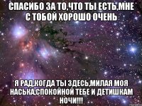 Спасибо за то,что ты есть,мне с тобой хорошо очень я рад,когда ты здесь,милая моя Наська,спокойной тебе и детишкам ночи!!!