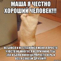 МАША Я ЧЕСТНО ХОРОШИЙ ЧЕЛОВЕК!!! НЕ БОЙСЯ И НЕ СТЕСНЯЙСЯ МЕНЯ.Я ПРОСТО ЧУВСТВУЮ МНОГОЕ.Я НЕ ПРИЧИНЮ ТЕБЕ ЗЛА И БОЛИ НИКОГДА!!!ПРОСТО ВЕРЬ И ВСЕ.Я СОВСЕМ ДРУГОЙ!!!