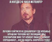 А когда 24 часа истекут? Почему сайтмэп не добавлен? Где хлебные крошки? Почему нет позиций? Мы стагнируем! Мне тут клиент пишет... Клиент спрашивает... Когда ждать запроса в топе?