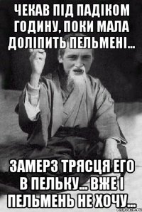 Чекав пiд падiком годину, поки мала долiпить пельменi... Замерз трясця его в пельку... Вже i пельмень не хочу...