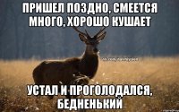 Пришел поздно, смеется много, хорошо кушает Устал и проголодался, бедненький