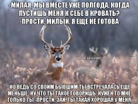 -Милая, мы вместе уже полгода, когда пустишь меня к себе в кровать? -Прости, милый, я еще не готова -Но ведь со своим бывшим ты встречалась еще меньше -Ну что ты такое говоришь, нужен то мне только ты -Прости, зай, ты такая хорошая у меня