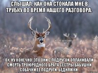 Слышал, как она стонала мне в трубку во время нашего разговора. Ох, ну конечно, это они с подругой оплакивали смерть троюродного брата сестры бабушки собачки ее подруги. Бедняжки.