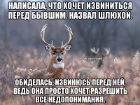 Написала, что хочет извиниться перед бывшим. Назвал шлюхой. Обиделась, Извинюсь перед ней, ведь она просто хочет разрешить все недопонимания.