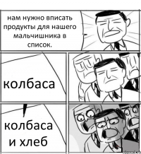 нам нужно вписать продукты для нашего мальчишника в список. колбаса колбаса и хлеб