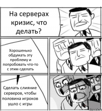 На серверах кризис, что делать? Хорошенько обдумать эту проблему и попробовать что-то с этим сделать Сделать слияние серверов, чтобы половина игроков ушло с игры