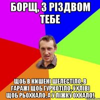 БОРЩ, З РІЗДВОМ ТЕБЕ Щоб в кишені шелестіло, в гаражі щоб гуркотіло, у хліві щоб рьохкало, а у ліжку охкало!