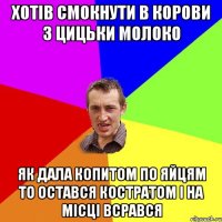 Хотів смокнути в корови з цицьки молоко як дала копитом по яйцям то остався костратом і на місці всрався