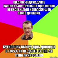 Щедрик-ведрик,дайте вареник,баночку івасів-щоб ніколи не висів,кільце ковбаски-щоб стояв до Пасхи, бутилочку кагору-щоб дивився в гору,а як не дасте-то він до пупа приросте!!!)