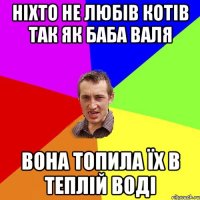 ніхто не любів котів так як баба Валя вона топила їх в теплій воді