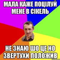 МАЛА КАЖЕ ПОЦІЛУЙ МЕНЕ В СІКЕЛЬ НЕ ЗНАЮ ШО ЦЕ НО ЗВЕРТУХИ ПОЛОЖИВ