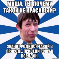 Миша, ты почему такой не красивый? Значит родился такой в природе, приведи рожу в порядок.