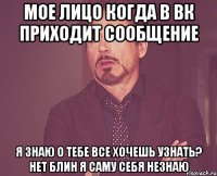 Мое лицо когда в вк приходит сообщение Я знаю о тебе все хочешь узнать? Нет блин я саму себя незнаю