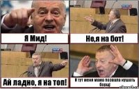 Я Мид! Не,я на бот! Ай ладно, я на топ! И тут меня мама позвала кушать борщ!